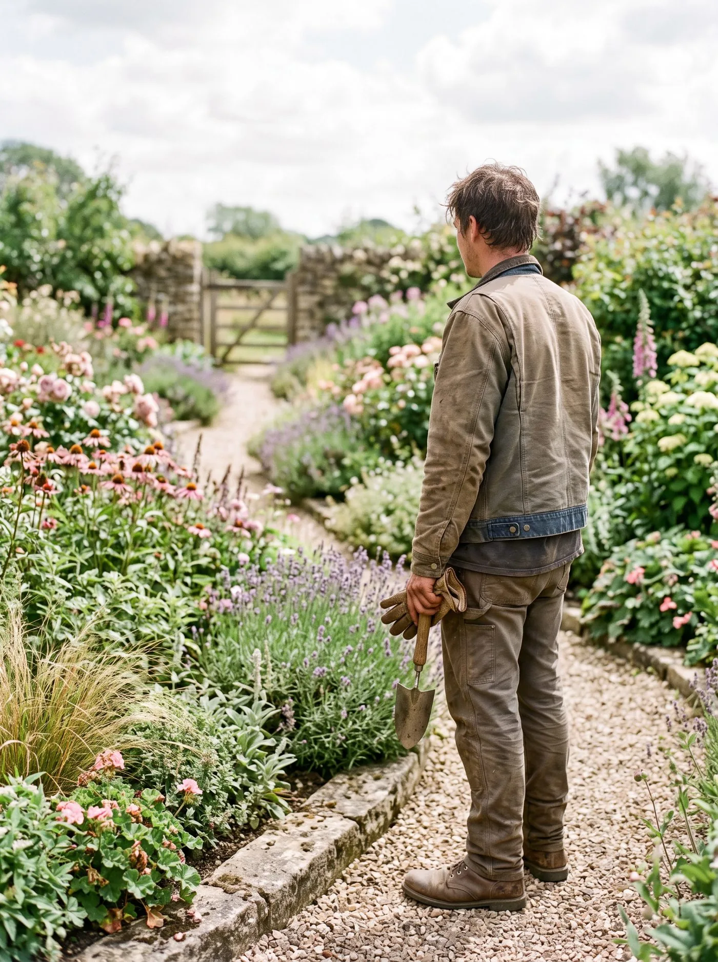 Paysagiste en tenue de travail, debout dans un jardin qu’il a fait